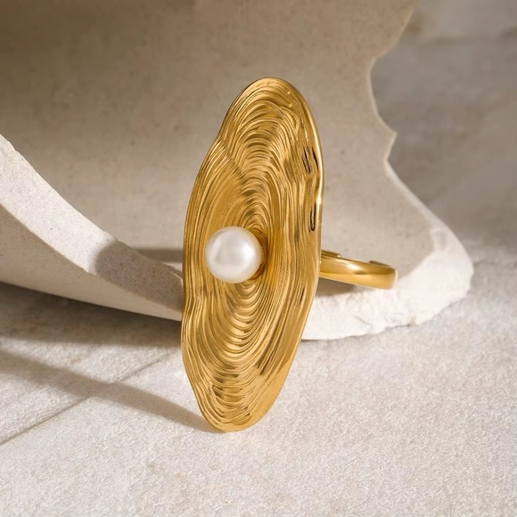 18K Gold Plated Adjustable Textured Oval Ring - Picture 2 of 7